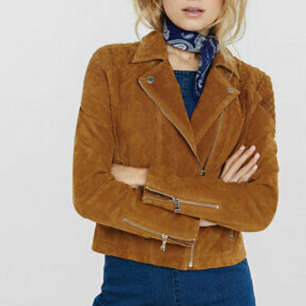 Express Genuine Leather Suede Zip Up Moto Biker Jacket